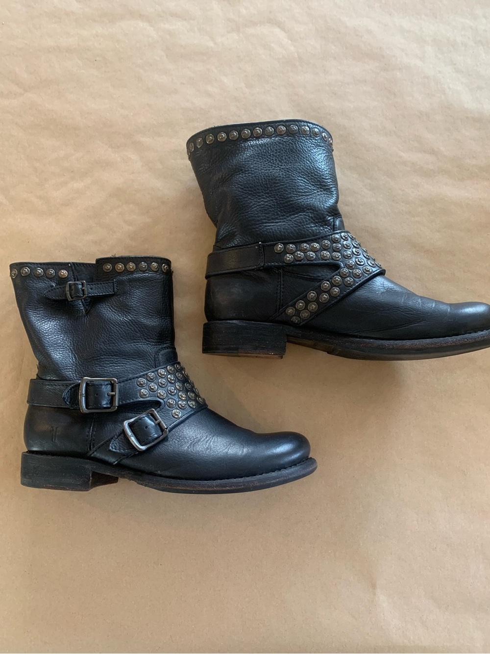 Frye Black Leather Buckle Studded Moto Boots Size 9.5 - Picture 4 of 15